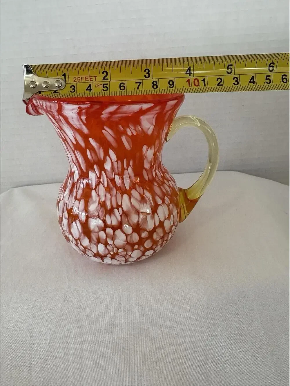 Vintage Hand Blown Rainbow Art Glass Pitcher Small Orange White & Yelllow